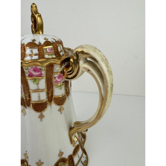 NIPON Porcelain Hand-Painted Chocolate Pot Pink Rose Gold Raised Beaded Gilt VTG - Picture 5 of 13